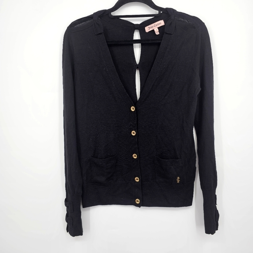 Juicy Couture Elisa Bow Cardigan 100% Wool Black Size Small Classic Knit‎